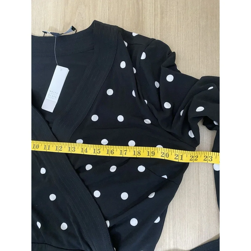 White House Black Market Black Polka Dot Long Sleeve Faux Wrap‎ Dress Size 16